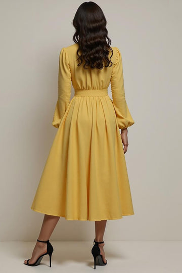 Yellow A Line Long Sleeve Wedding Guest Dress